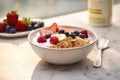 A bowl with natural yogurt, granola and fresh fruits and berries. Delicious and healthy breakfast. Royalty Free Stock Photo