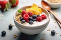 A bowl with natural yogurt, granola and fresh fruits and berries. Delicious and healthy breakfast. Royalty Free Stock Photo