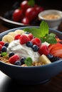 A bowl with natural yogurt, granola and fresh fruits and berries. Delicious and healthy breakfast. Royalty Free Stock Photo