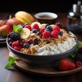 A bowl with natural yogurt, granola and fresh fruits and berries. Delicious and healthy breakfast. Royalty Free Stock Photo