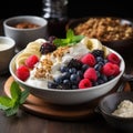 A bowl with natural yogurt, granola and fresh fruits and berries. Delicious and healthy breakfast. Royalty Free Stock Photo