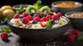 A bowl with natural yogurt, granola and fresh fruits and berries. Delicious and healthy breakfast. Royalty Free Stock Photo