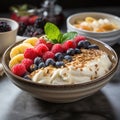 A bowl with natural yogurt, granola and fresh fruits and berries. Delicious and healthy breakfast. Royalty Free Stock Photo