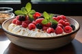 A bowl with natural yogurt, granola and fresh fruits and berries. Delicious and healthy breakfast. Royalty Free Stock Photo