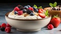 A bowl with natural yogurt, granola and fresh fruits and berries. Delicious and healthy breakfast. Royalty Free Stock Photo