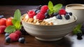 A bowl with natural yogurt, granola and fresh fruits and berries. Delicious and healthy breakfast. Royalty Free Stock Photo