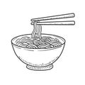 Bowl of noodle with chopsticks drawing in sketch style isolated on white background Royalty Free Stock Photo