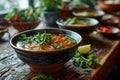 A bowl of noodle and vegetable soup on a wooden table Royalty Free Stock Photo