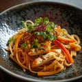 a bowl of noodles with chicken and vegetables