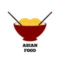 Bowl of noodles and chopsticks. Logo of Asian cuisine. Vector illustration.