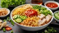 A bowl of noodles with meat and vegetables in a white plate, AI Royalty Free Stock Photo