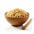 Japanese Noodles In Wooden Bowl On White Background