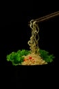 Bowl of noodles with vegetables isolated on black,Dried chinese Royalty Free Stock Photo