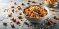 A bowl of nutritious granola with almonds, dried fruit, and seeds. Generative AI Royalty Free Stock Photo