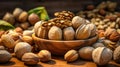 bowl nuts with almonds, walnuts, pecans, peanuts in wooden table nutrition-91