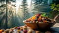 Delicious Almonds, Dried Fruits, and Nuts in Wooden Bowl, Sunlit Forest Background Royalty Free Stock Photo