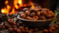 A bowl of nuts in front of a fire