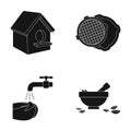 Bowl, nuts, spoon and other web icon in black style. faucet, water, washing icons in set collection.