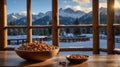 Wooden Bowls of Almonds Against a Winter Mountain View From a Cabin Royalty Free Stock Photo