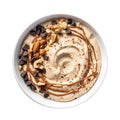 Bowl Nutty Brown Base, Almond Butter Swirl, Cocoa Nibs, Walnut Pieces On White Plate On A White Background