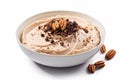 Bowl Nutty Brown Base, Almond Butter Swirl, Cocoa Nibs, Walnut Pieces On White Plate, On Isolated Tr