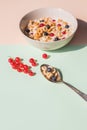 Bowl of oat cereal with blueberry,red currant and spoon.Oat ring cereal with berries and milk.concept of healthy Royalty Free Stock Photo