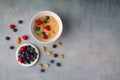 bowl of oat granola with yogurt, fresh raspberries, blueberries and nuts , healthy breakfast Royalty Free Stock Photo