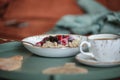 Bowl of oat porridge with frozen wild berries. Royalty Free Stock Photo