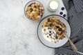 Bowl of oatmeal cereal. Whole oats, granola with dried fruit and blueberry, milk and honey. Healthy food breakfast. Copy space Royalty Free Stock Photo