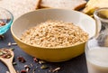 A bowl of oatmeal with milk, grains, and bread Royalty Free Stock Photo