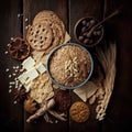 Bowl of oatmeal with nuts and cookies on dark wooden background