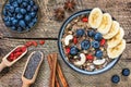 Bowl of oatmeal porridge with banana, blueberries, cashew, coconut, goji berries and with bananas Royalty Free Stock Photo