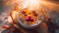 A bowl of oatmeal topped with berries and nuts. Generative AI image.