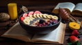 A bowl of oatmeal topped with fruit and nuts. AI generative image. Royalty Free Stock Photo