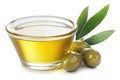 Bowl of olive oil and green olives with leaves