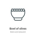 Bowl of olives outline vector icon. Thin line black bowl of olives icon, flat vector simple element illustration from editable