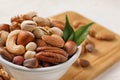 Bowl with organic mixed nuts on table Royalty Free Stock Photo