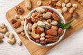 Bowl with organic mixed nuts on table Royalty Free Stock Photo