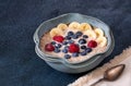 Bowl of organic steel cut oats topped with banana and berries; copy space