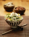 Bowl of Oriental asparagus prawn and noodle stir fry