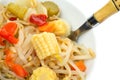 Bowl of oriental type noodles and fork