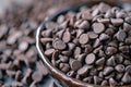 Bowl overflowing with delicious chocolate chips for baking Royalty Free Stock Photo