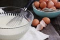 Bowl of Pancake Batter with Egg Whisk Royalty Free Stock Photo