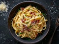 A bowl of pasta with bacon and parmesan Royalty Free Stock Photo