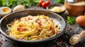 A bowl of pasta with bacon and parmesan cheese Royalty Free Stock Photo