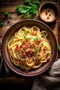 A bowl of pasta with bacon and parsley. Generative AI image. Royalty Free Stock Photo