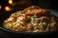 a bowl of pasta with crab on top of it next to a fireplace Royalty Free Stock Photo