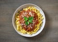 bowl of pasta tagliatelle with bolognese sauce