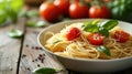 A bowl of pasta with tomatoes and basil leaves on a wooden table, AI Royalty Free Stock Photo