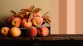 A bowl of peaches on a table next to some other fruit, AI